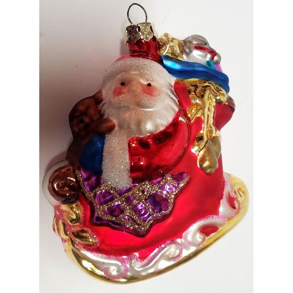 Christmas Ornament Santa Sleigh Sack of Toys & Presents Glass Gold Sparkling - Picture 2 of 9